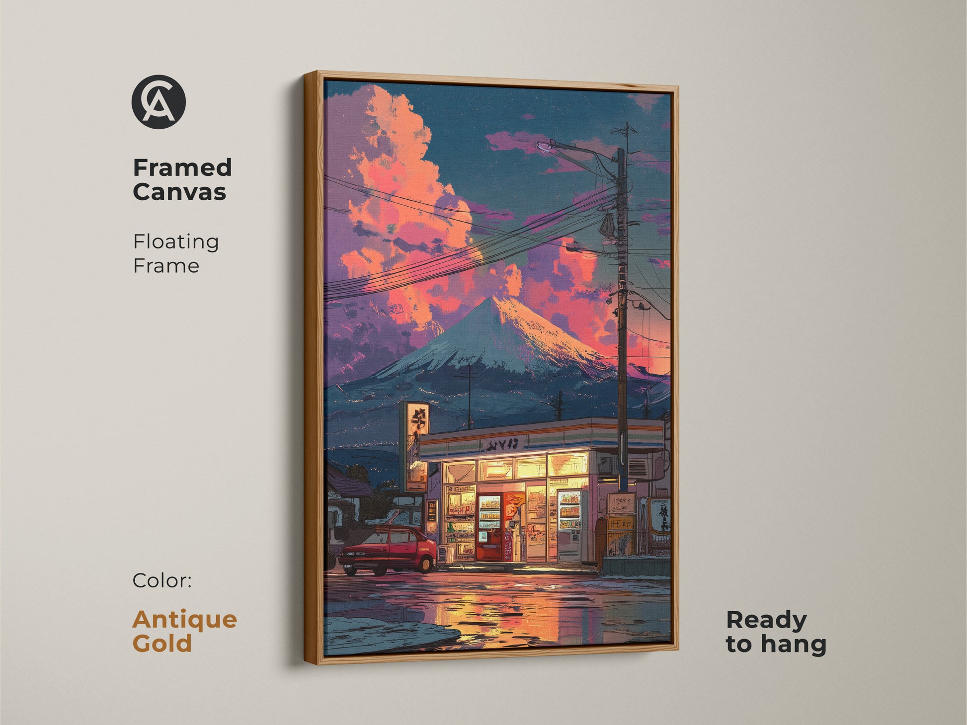 Antique gold framed canvas of a retro anime scene. This artwork features a Japanese convenience store and Mt Fuji at sunset. The floating frame is ready to hang. This travel landscape poster adds bedroom aesthetic decor. A unique art print gift for anime fans.