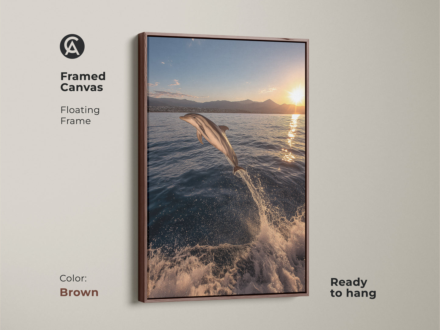 A framed canvas print of a dolphin jumping out of the ocean at sunset. The floating brown frame enhances the deep blue ocean and golden yellow sky. This ready-to-hang coastal artwork brings a realistic ocean theme to any space. Perfect for beach house decor and art collectors.