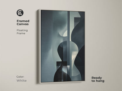 Framed canvas art featuring geometric abstract forms in navy gray and teal. The modern artwork is set in a white floating frame. Ideal for adding a sophisticated touch to your workspace.