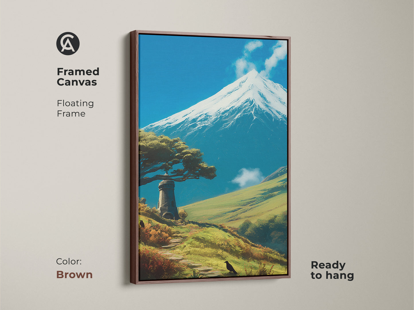 Framed Canvas in Brown Floating Frame showcases mountain lighthouse art. The scenic landscape print captures nature's beauty. Blue sky wall art brings a contemporary touch to home decor. A nature travel artwork is ready to hang. Ideal for adding an adventure themed coastal lighthouse decor.