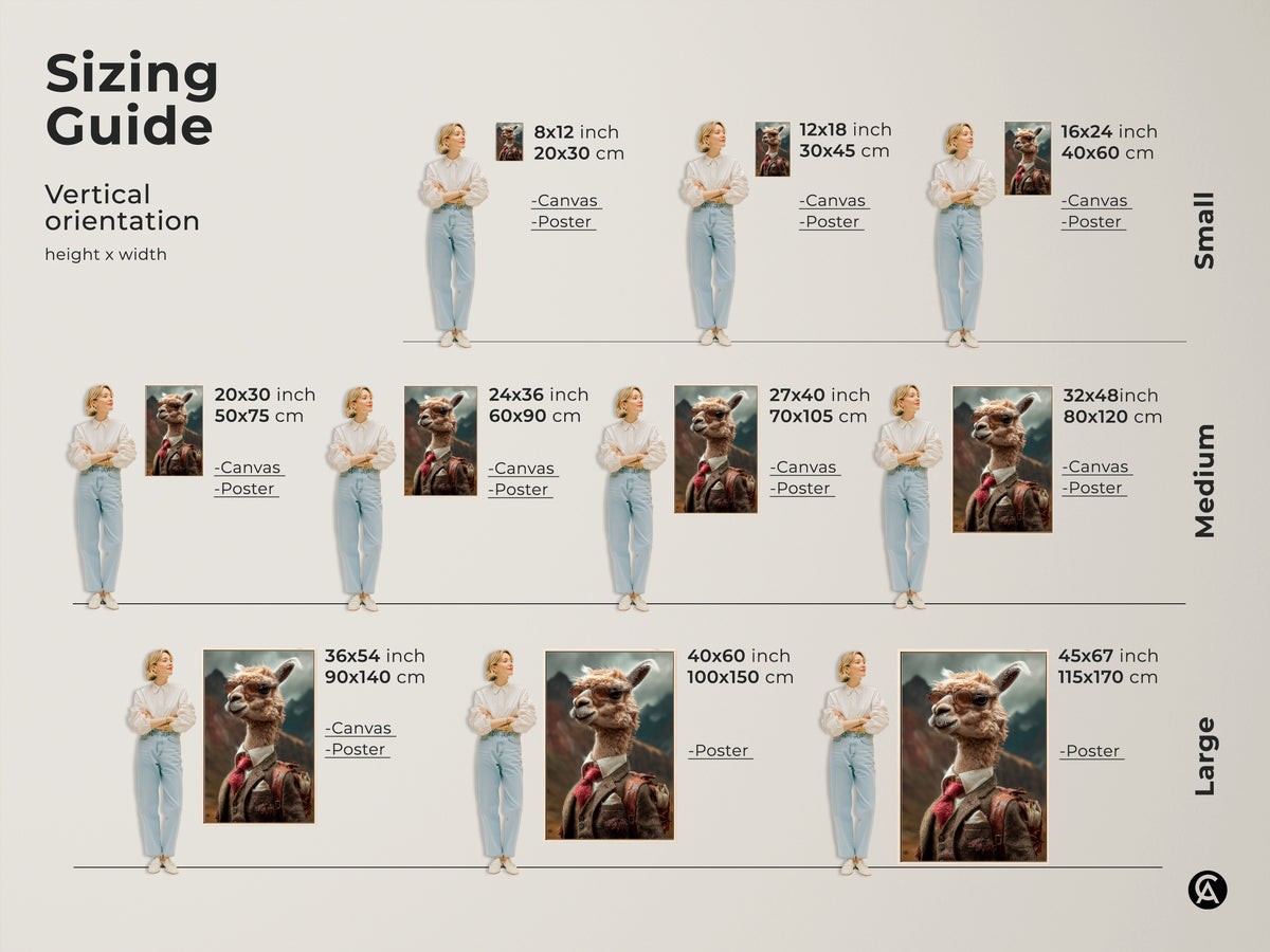 Visualize sizing with our dapper llama wall art guide. See how this animal portrait fits in various spaces. Available as canvas or poster. Ideal for study room or office decor. Tan cream brown colors complement any wall. Choose the perfect size to elevate your home's eclectic style and decor.