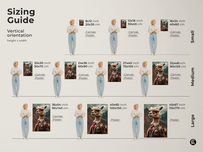 Visualize sizing with our dapper llama wall art guide. See how this animal portrait fits in various spaces. Available as canvas or poster. Ideal for study room or office decor. Tan cream brown colors complement any wall. Choose the perfect size to elevate your home's eclectic style and decor.