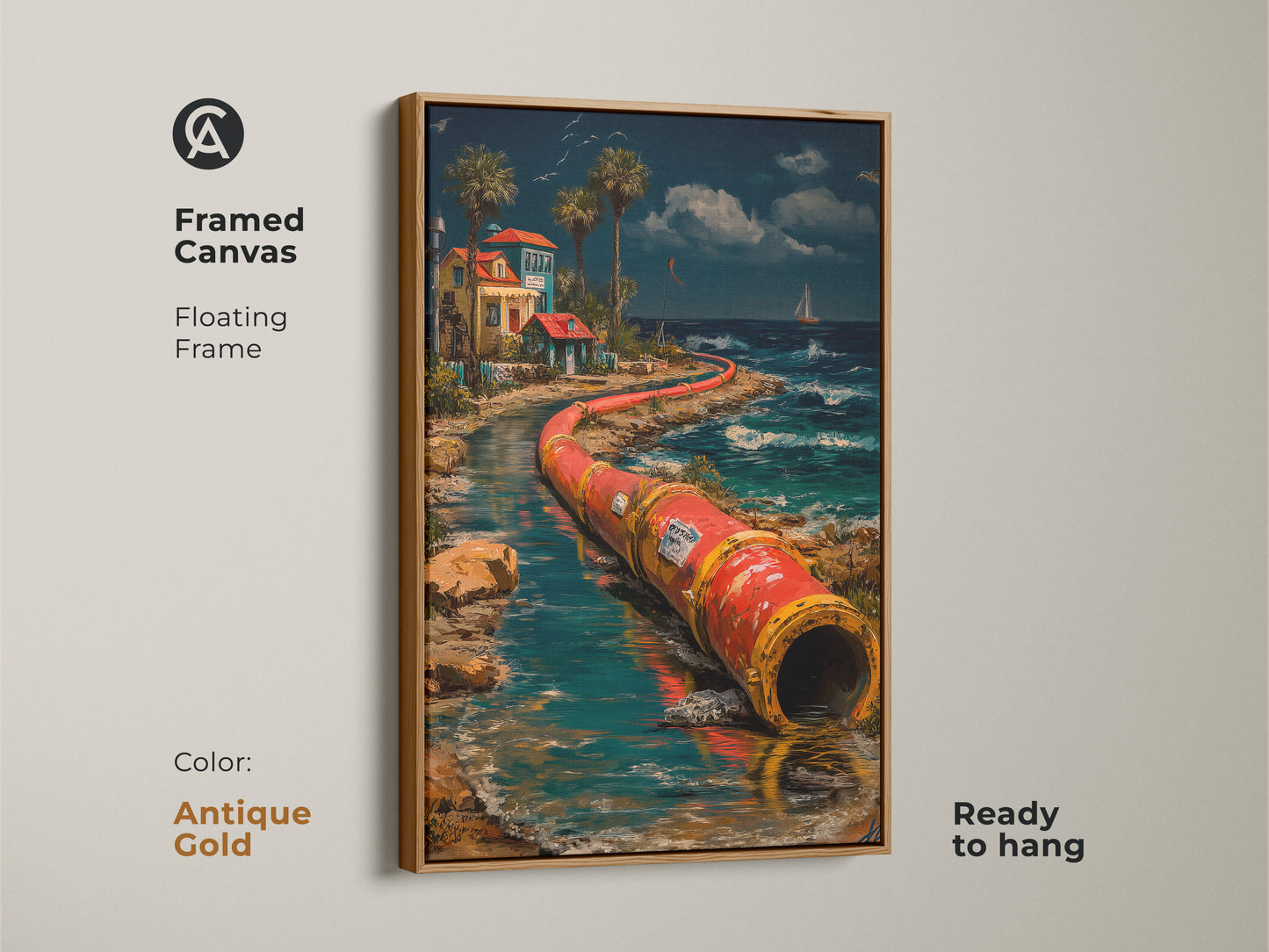 Surreal industrial pipeline wall art in an antique gold floating frame. This coastal home decor art print in ready to hang. A unique piece of red orange teal artwork makes a striking home accent for art collectors.