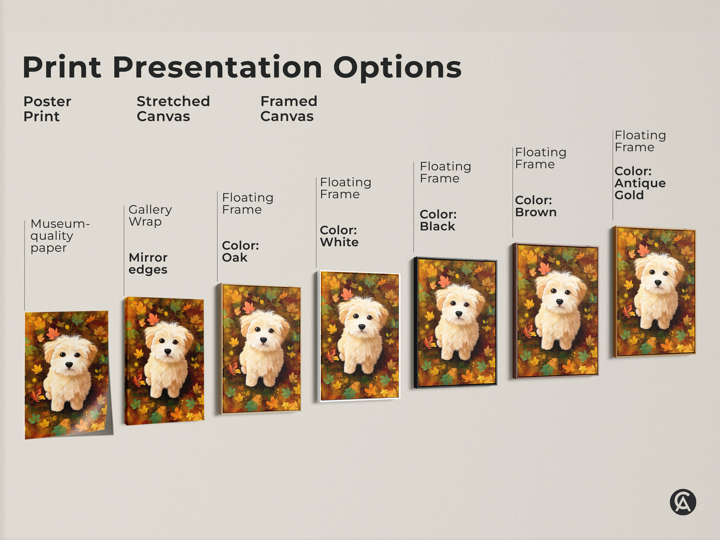 Explore print presentation options for maltipoo puppy artwork. Choose from poster prints stretched canvas and framed canvas. Various floating frame colors are available to match your style.