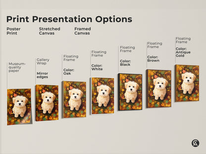 Explore print presentation options for maltipoo puppy artwork. Choose from poster prints stretched canvas and framed canvas. Various floating frame colors are available to match your style.