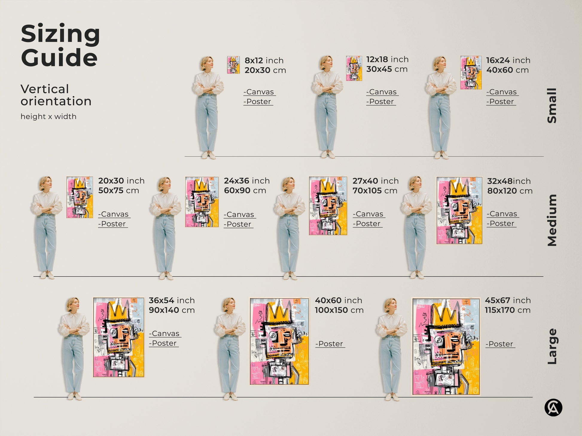 Sizing Guide for Graffiti-Style King Artwork. Available in vertical orientations from small to large sizes. Visualize the art in 8x12 to 45x67 inch options. Perfect for canvas or poster prints. Find the ideal fit for your home decor with this iconic piece of art.