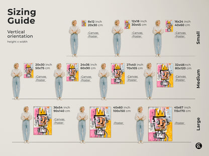 Sizing Guide for Graffiti-Style King Artwork. Available in vertical orientations from small to large sizes. Visualize the art in 8x12 to 45x67 inch options. Perfect for canvas or poster prints. Find the ideal fit for your home decor with this iconic piece of art.