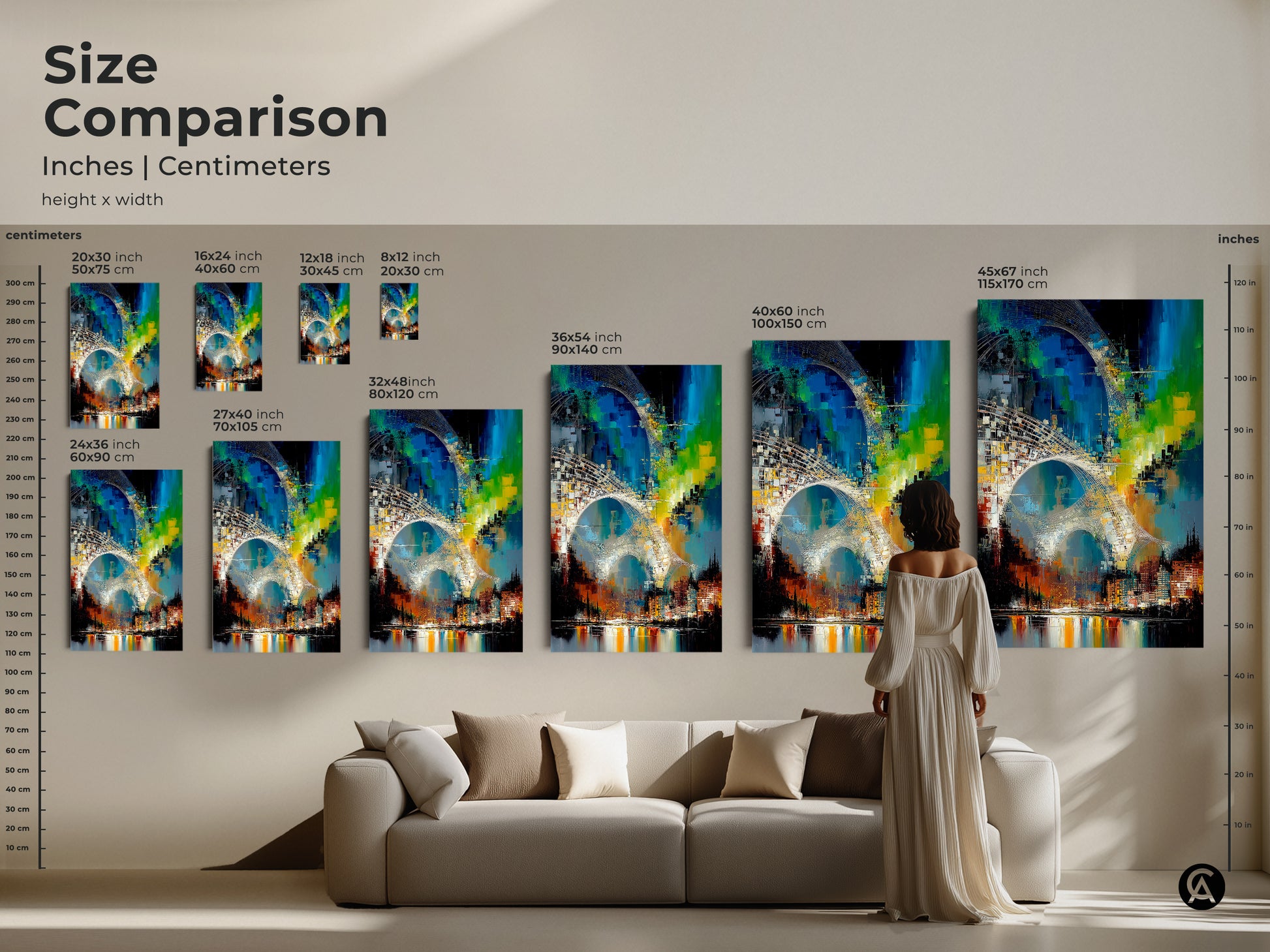 Size comparison of abstract cityscape canvas art. Available in multiple sizes from 16x24 to 45x67 inches. Perfect for showcasing the modern abstract painting in any setting. This modern blue green canvas adds vibrant color. This upscale urban decor fits seamlessly above sofas.