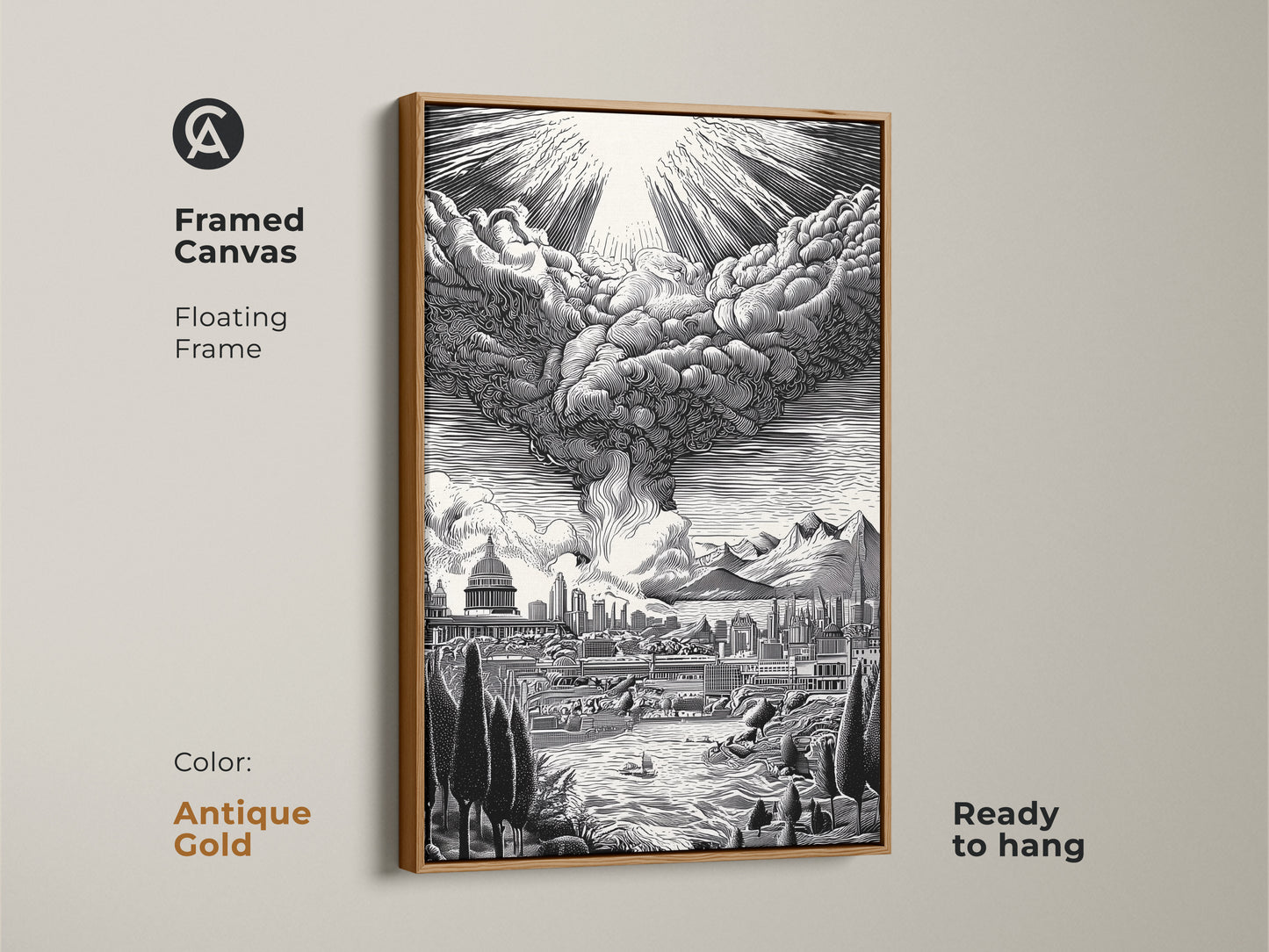 Framed canvas artwork with a floating frame. This antique gold-framed art showcases a cityscape with a dramatic sky. The monochrome artwork is ready to hang. It adds a touch of luxury to any space. Shop framed canvas art for a sophisticated look.