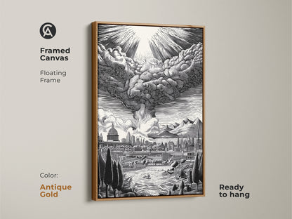 Framed canvas artwork with a floating frame. This antique gold-framed art showcases a cityscape with a dramatic sky. The monochrome artwork is ready to hang. It adds a touch of luxury to any space. Shop framed canvas art for a sophisticated look.
