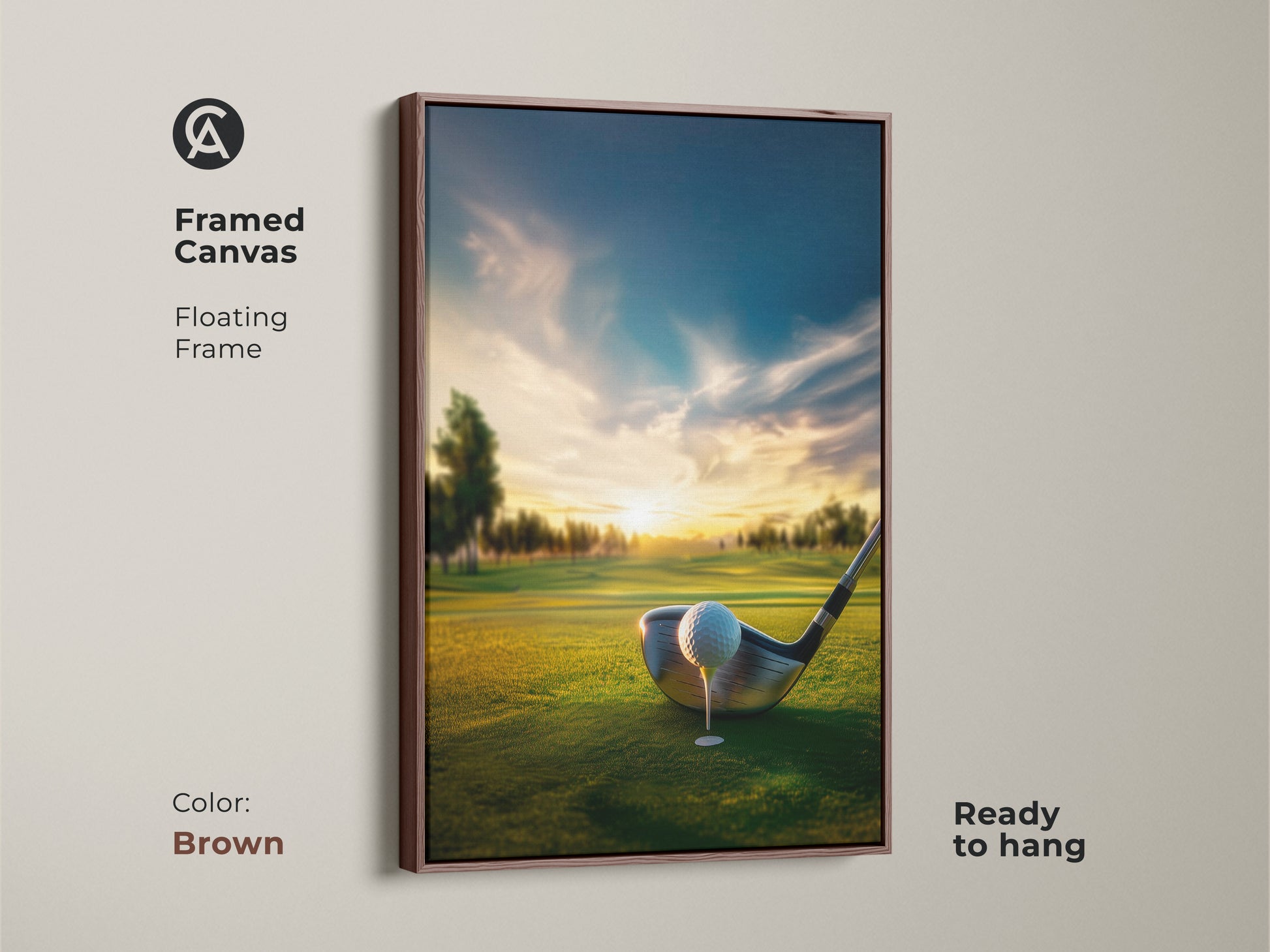 Framed canvas golf course artwork in a brown floating frame. A golf ball sits on the tee ready to be launched. This framed art is ready to hang. Add a touch of elegance to your walls with this golf artwork. Get your framed canvas now.