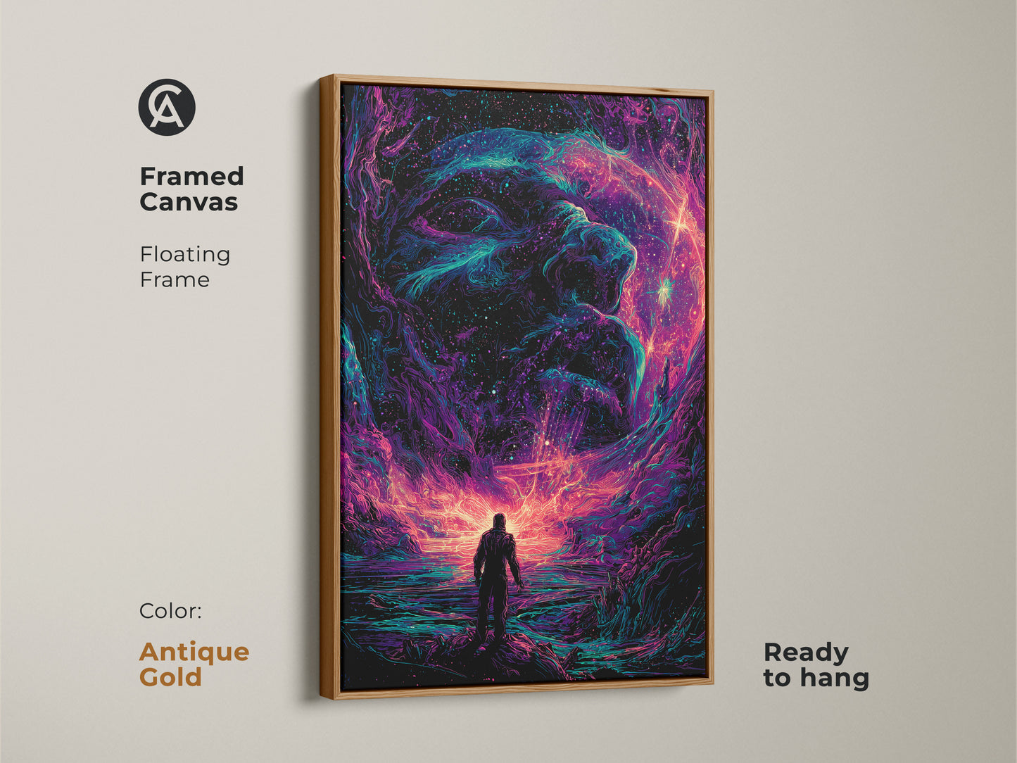 Framed canvas with floating frame showcasing galaxy artwork. The art features a figure staring at a cosmic face. The antique gold frame adds elegance. Ready to hang for instant enjoyment. Transform your space with this captivating art.