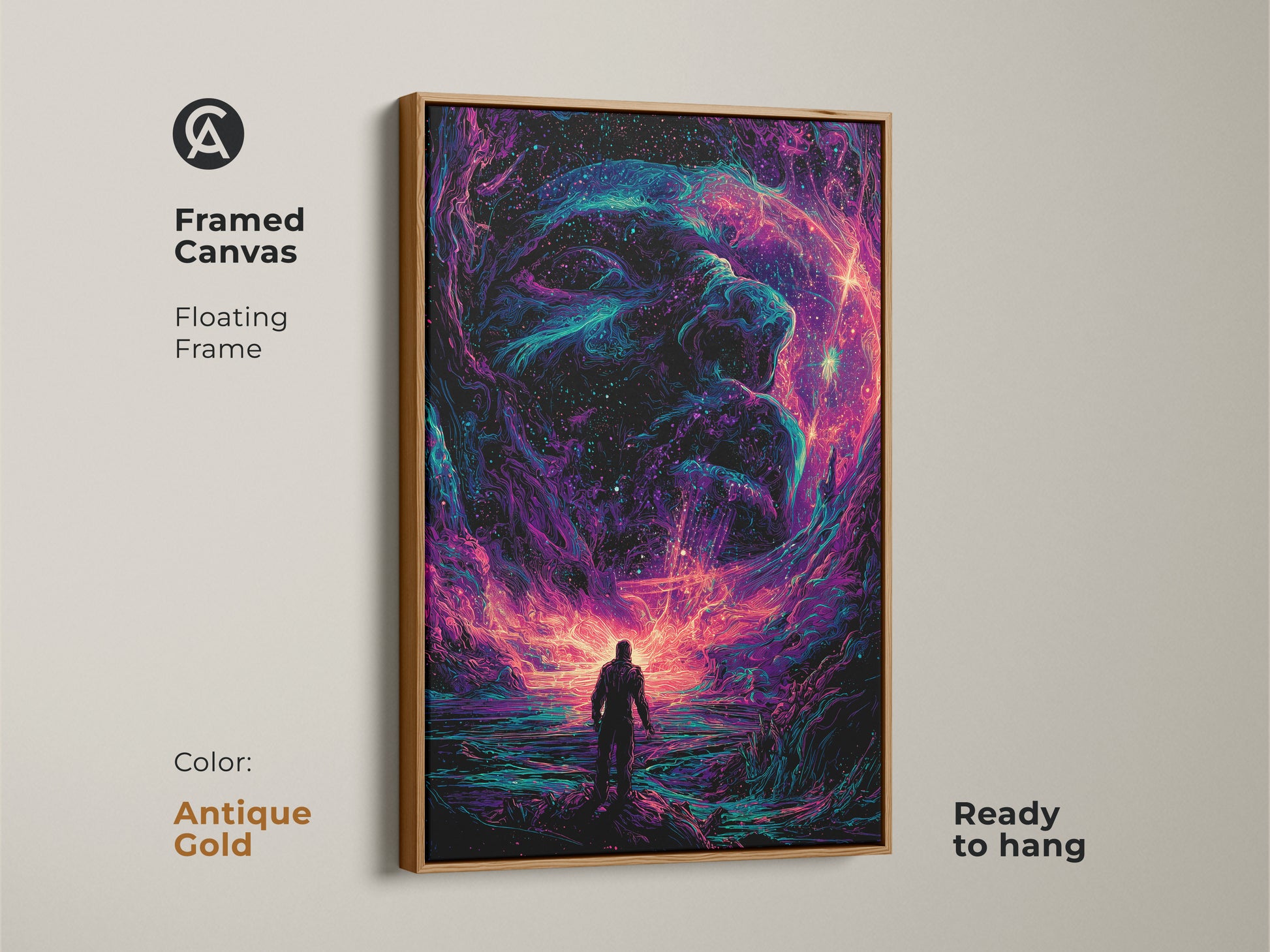 Framed canvas with floating frame showcasing galaxy artwork. The art features a figure staring at a cosmic face. The antique gold frame adds elegance. Ready to hang for instant enjoyment. Transform your space with this captivating art.