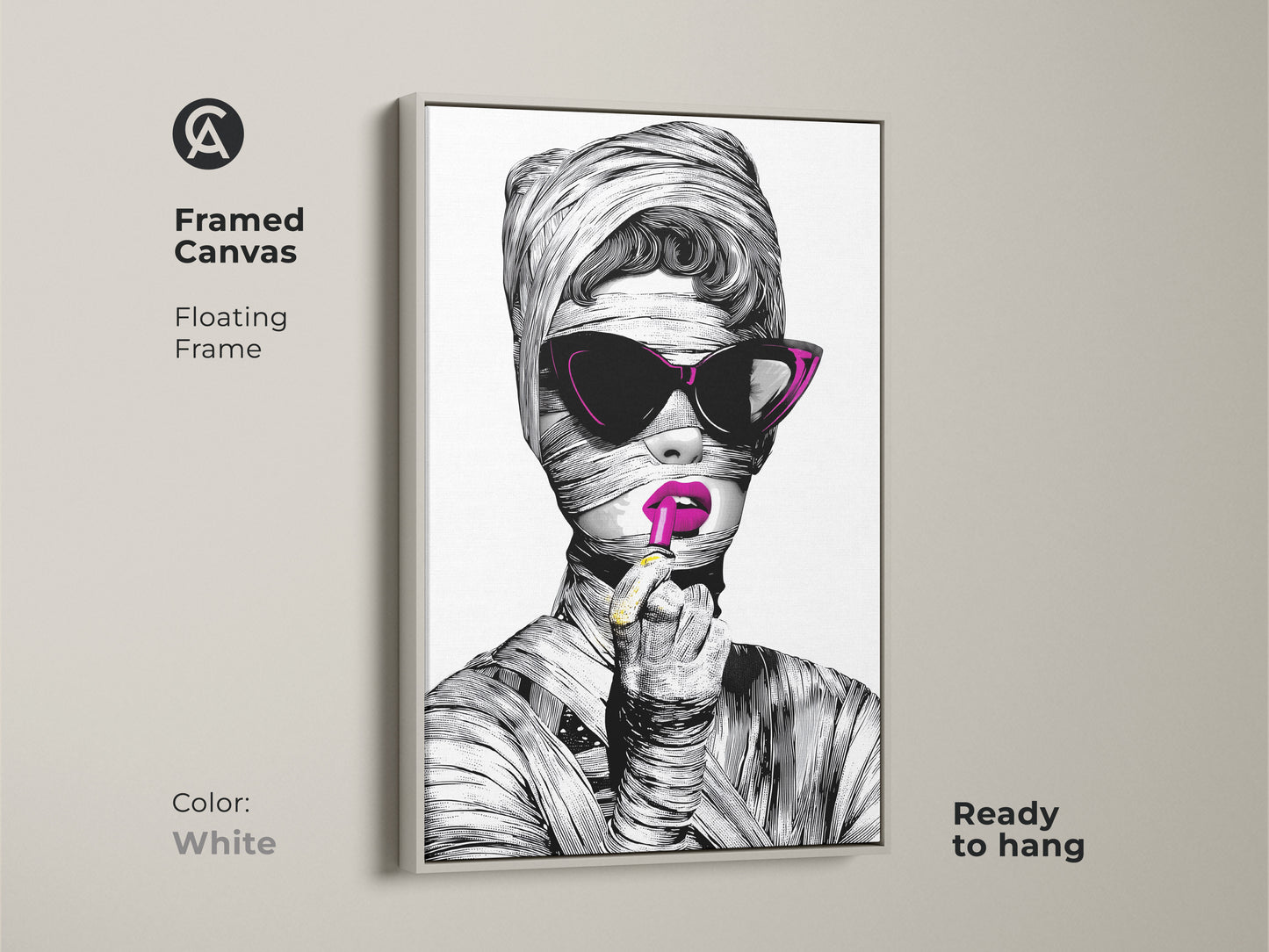 Framed Canvas print of a surrealist makeup art. The white floating frame enhances the black and white art print. This fashionable woman artwork is a modern eclectic decor piece. It's an artistic woman portrait ready to hang.