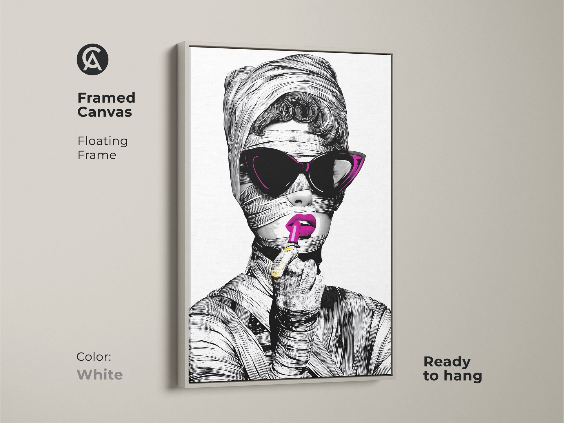 Framed Canvas print of a surrealist makeup art. The white floating frame enhances the black and white art print. This fashionable woman artwork is a modern eclectic decor piece. It's an artistic woman portrait ready to hang.