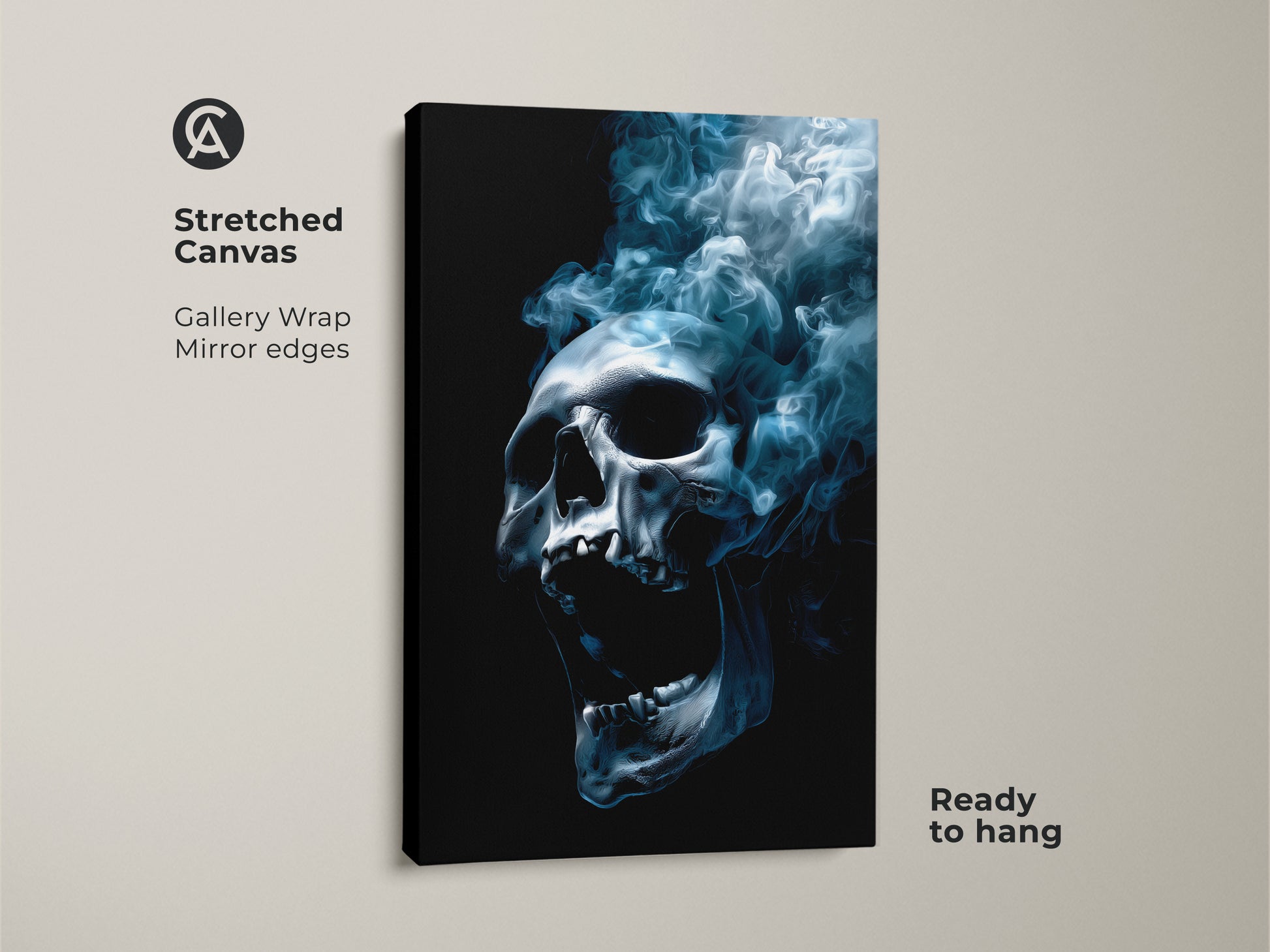 Gallery wrapped stretched canvas featuring a skull with smoke. The canvas has mirrored edges and comes ready to hang. This unique artwork adds a bold and contemporary touch to your home decor. Perfect for art lovers.