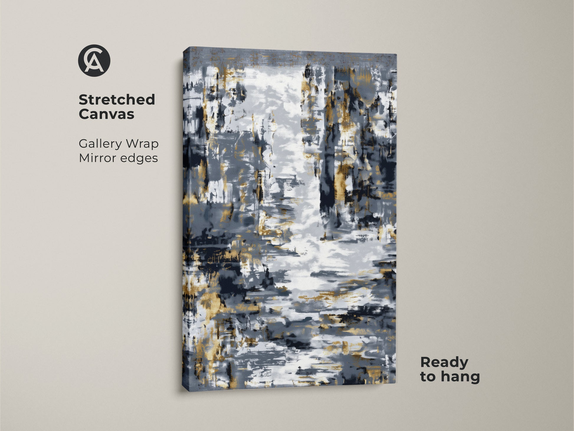 Stretched canvas featuring abstract canvas art with gold accents and charcoal gray tones. This gallery-wrapped print has mirrored edges. The contemporary abstract expressionism artwork is ready to hang. Ideal for modern neutral wall art.