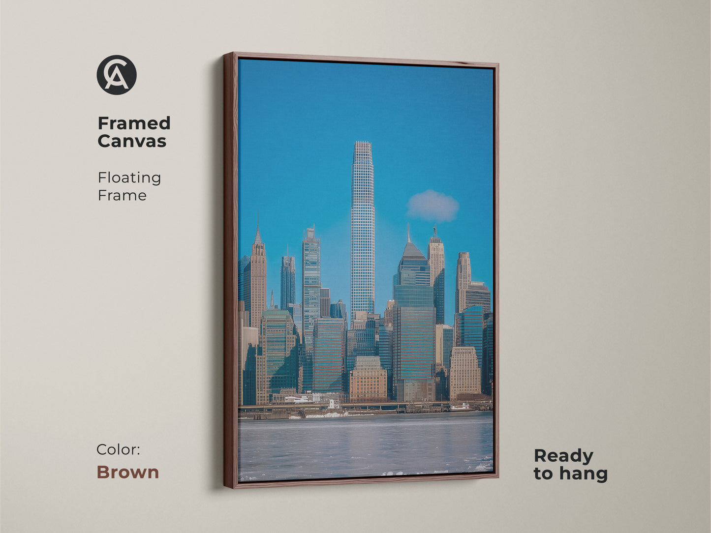 Framed canvas of the New York City skyline in a brown floating frame. Contemporary office decor with modern blue gray wall art. Ready to hang architectural skyline art. Urban city art print perfect for homes that appreciate sophisticated style.