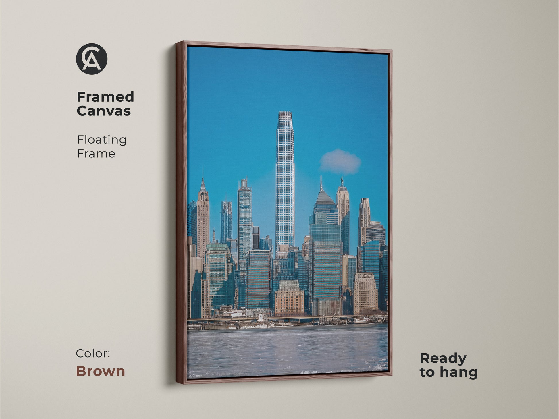 Framed canvas of the New York City skyline in a brown floating frame. Contemporary office decor with modern blue gray wall art. Ready to hang architectural skyline art. Urban city art print perfect for homes that appreciate sophisticated style.