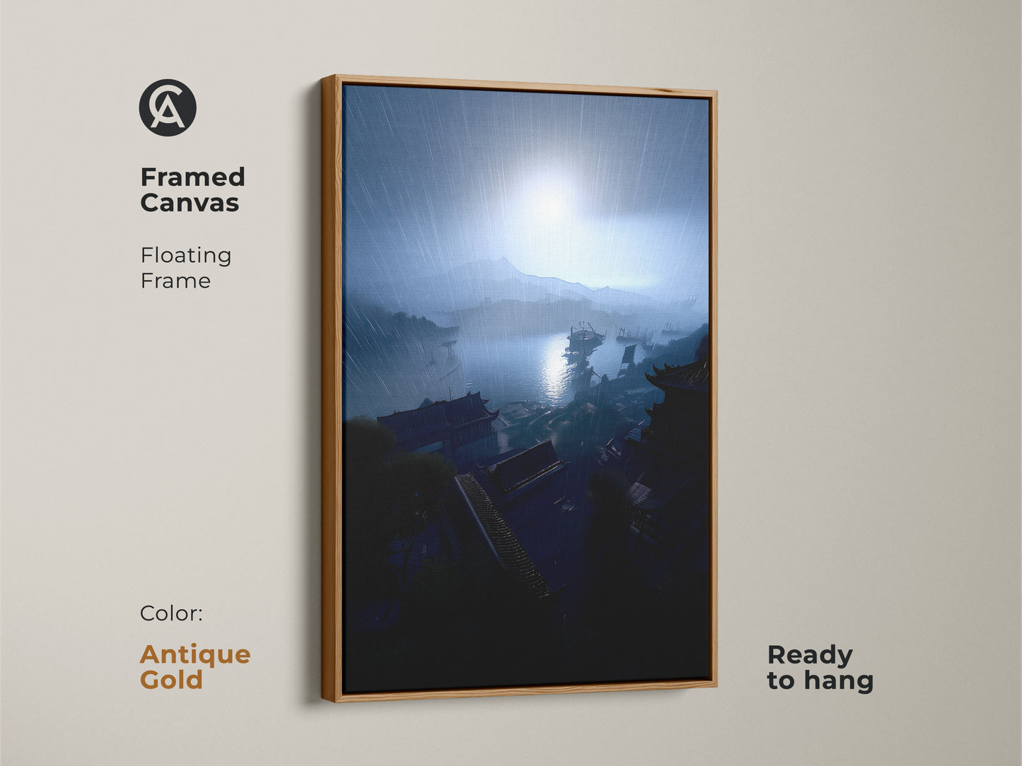 Framed canvas art with a rainy harbor view. This coastal cityscape print has an antique gold floating frame. The navy blue and gray tones create an atmospheric mood. Ready to hang this artwork brings an eclectic feel. It's a unique piece for residential wall decor. Perfect for those who love travel and art.