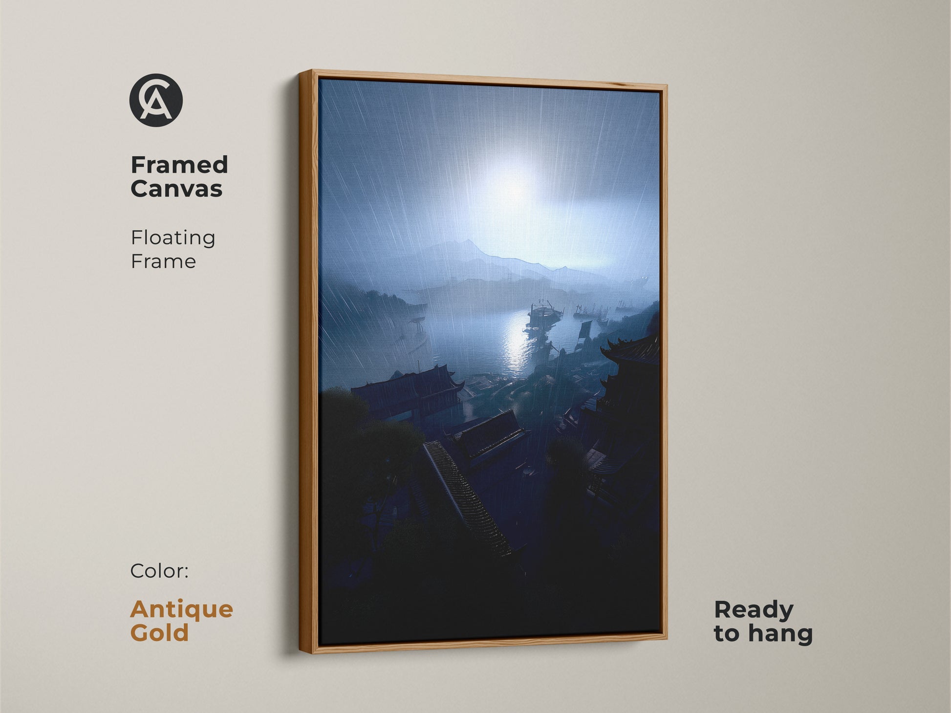Framed canvas art with a rainy harbor view. This coastal cityscape print has an antique gold floating frame. The navy blue and gray tones create an atmospheric mood. Ready to hang this artwork brings an eclectic feel. It's a unique piece for residential wall decor. Perfect for those who love travel and art.