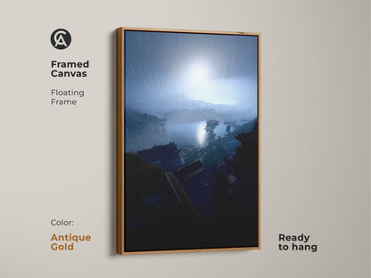 Framed canvas art with a rainy harbor view. This coastal cityscape print has an antique gold floating frame. The navy blue and gray tones create an atmospheric mood. Ready to hang this artwork brings an eclectic feel. It's a unique piece for residential wall decor. Perfect for those who love travel and art.