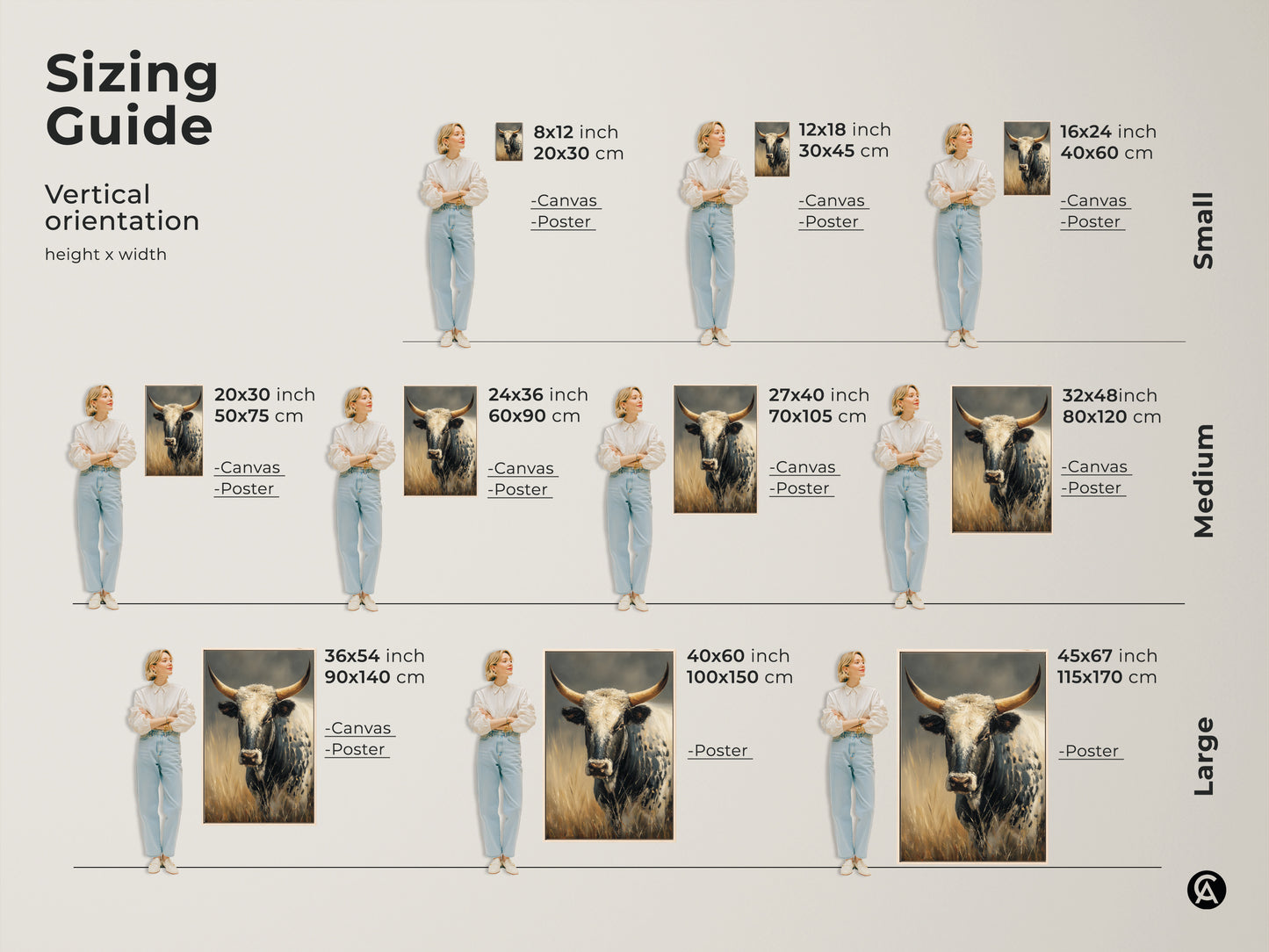 Sizing guide for the Longhorn Cow artwork. Vertical orientation options in small medium and large sizes. Available as canvas or poster prints. This rustic animal art fits any space from farmhouse to modern.