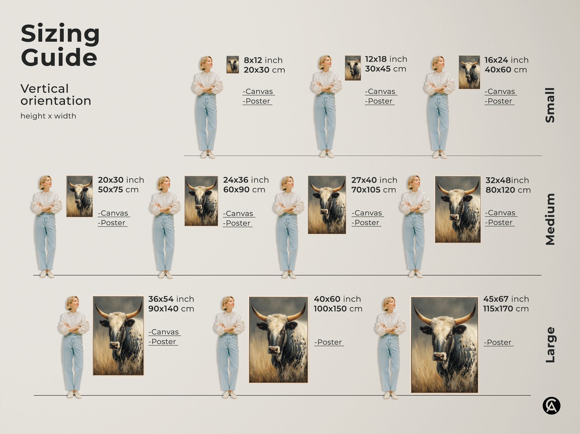 Sizing guide for the Longhorn Cow artwork. Vertical orientation options in small medium and large sizes. Available as canvas or poster prints. This rustic animal art fits any space from farmhouse to modern.