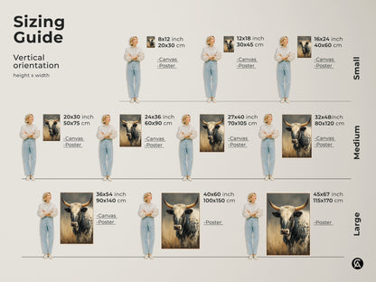 Sizing guide for the Longhorn Cow artwork. Vertical orientation options in small medium and large sizes. Available as canvas or poster prints. This rustic animal art fits any space from farmhouse to modern.