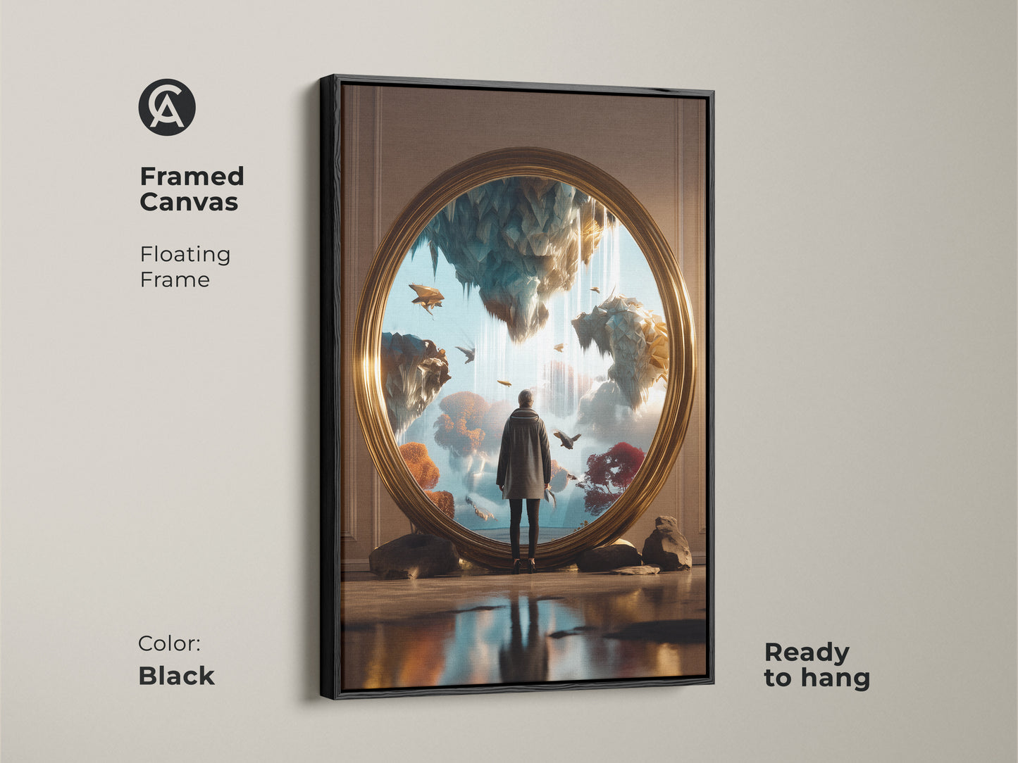 Framed Canvas featuring surreal floating islands art with a black floating frame. Ready to hang this fantasy art enhances any bedroom. Gold teal blue wall art creates an eclectic home decor print. It makes a unique dreamer gift.
