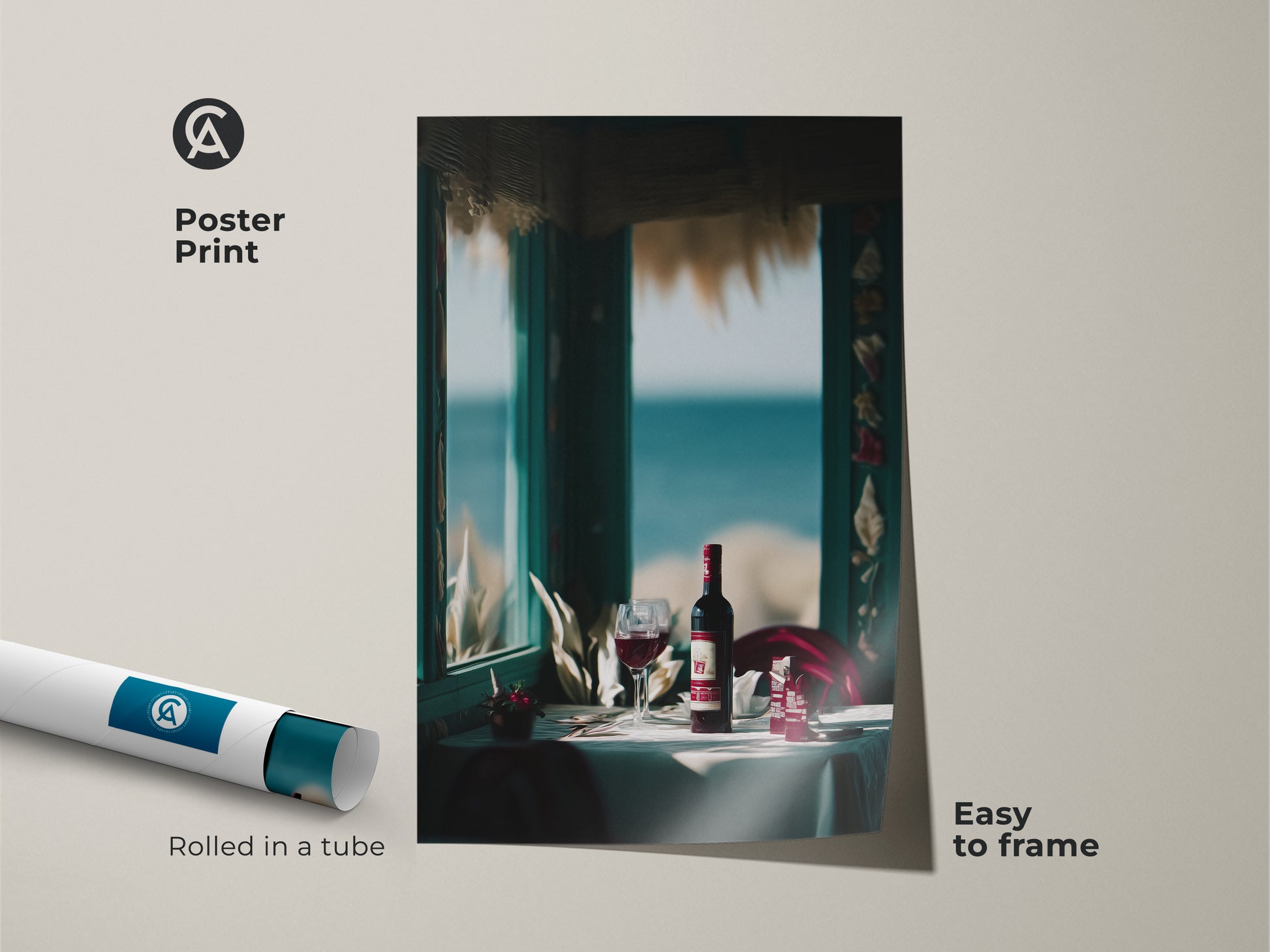 Poster print of contemporary coastal art. The artwork features a wine bottle and glass. It comes rolled in a tube for easy framing. This print is perfect for a dining room or home bar. The seaside setting evokes a relaxed atmosphere. This is perfect for wine enthusiasts.