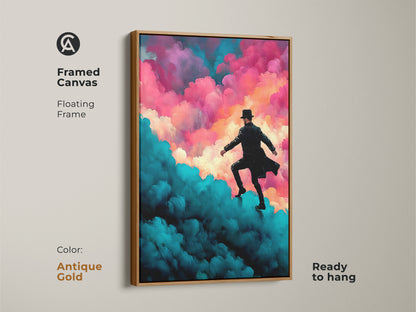 Framed canvas featuring surreal art. The painting is of a man in a hat ascending expressive clouds. The colors are teal magenta and pink. It's ready to hang. The frame is antique gold. Buy this expressive figurative painting today.