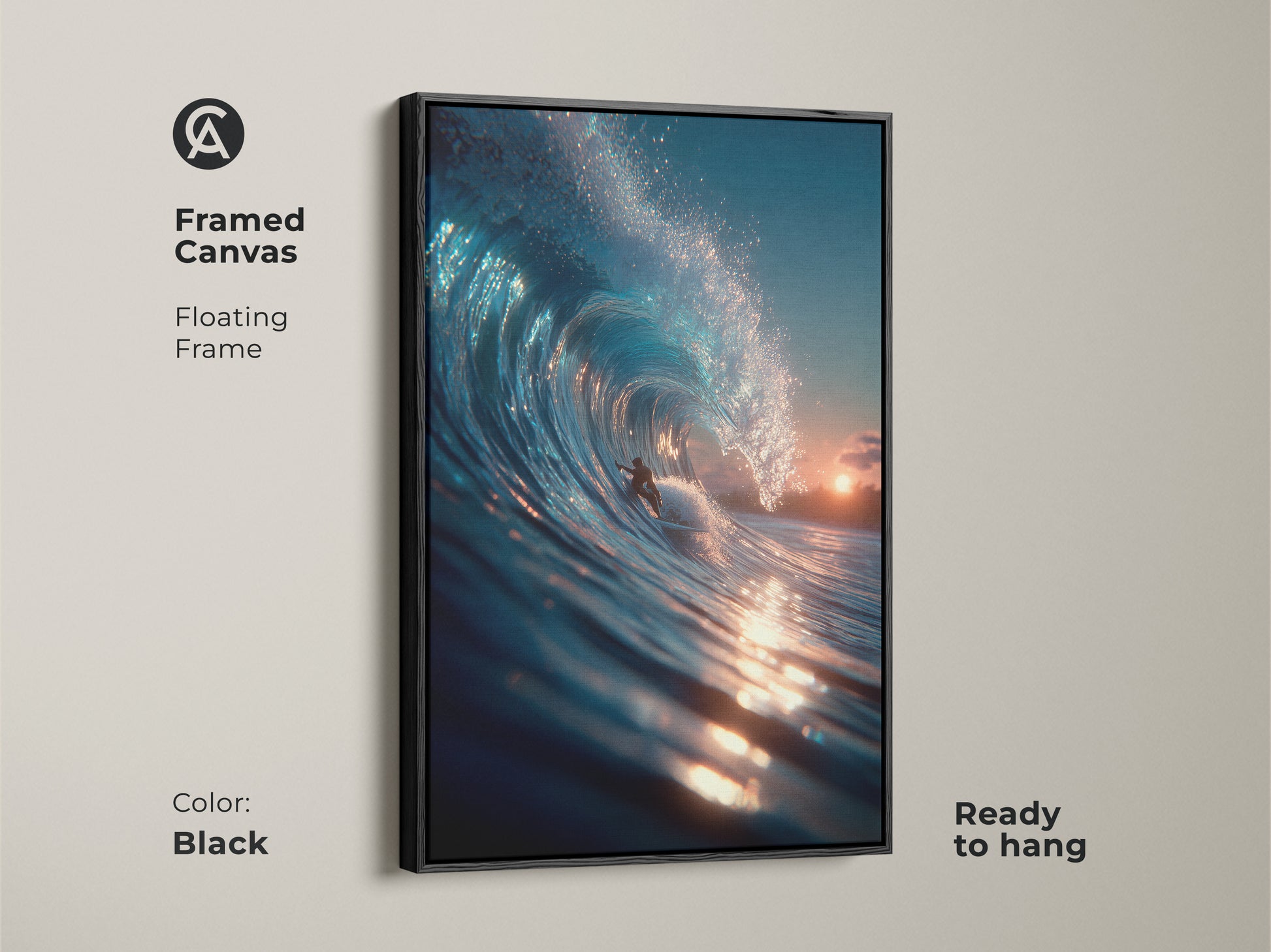 Elevate your space with this framed canvas art in black. The floating frame enhances the surfer artwork. The piece is ready to hang and enjoy. This artwork captures a surfer riding a beautiful wave. A great piece for ocean lovers.