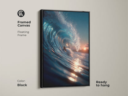 Elevate your space with this framed canvas art in black. The floating frame enhances the surfer artwork. The piece is ready to hang and enjoy. This artwork captures a surfer riding a beautiful wave. A great piece for ocean lovers.