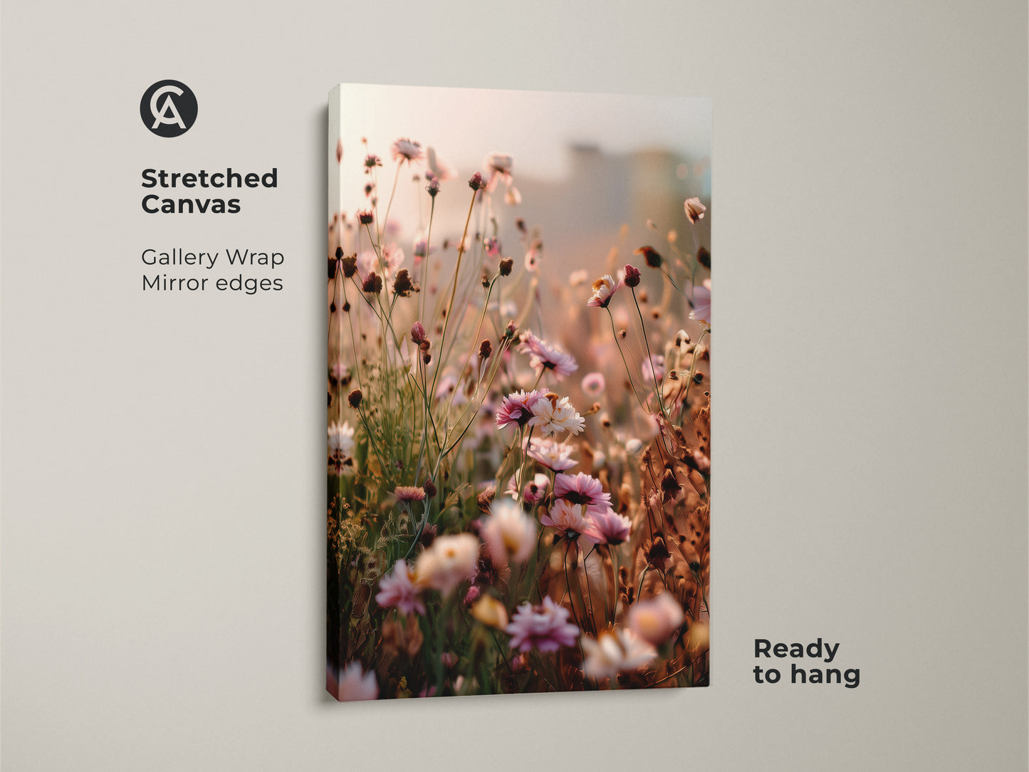 Stretched canvas gallery wrap displaying wildflower art. The dreamy impressionistic artwork has mirror edges and is ready to hang. Soft pink and peach tones create a boho floral wall art piece. Perfect botanical bedroom decor.