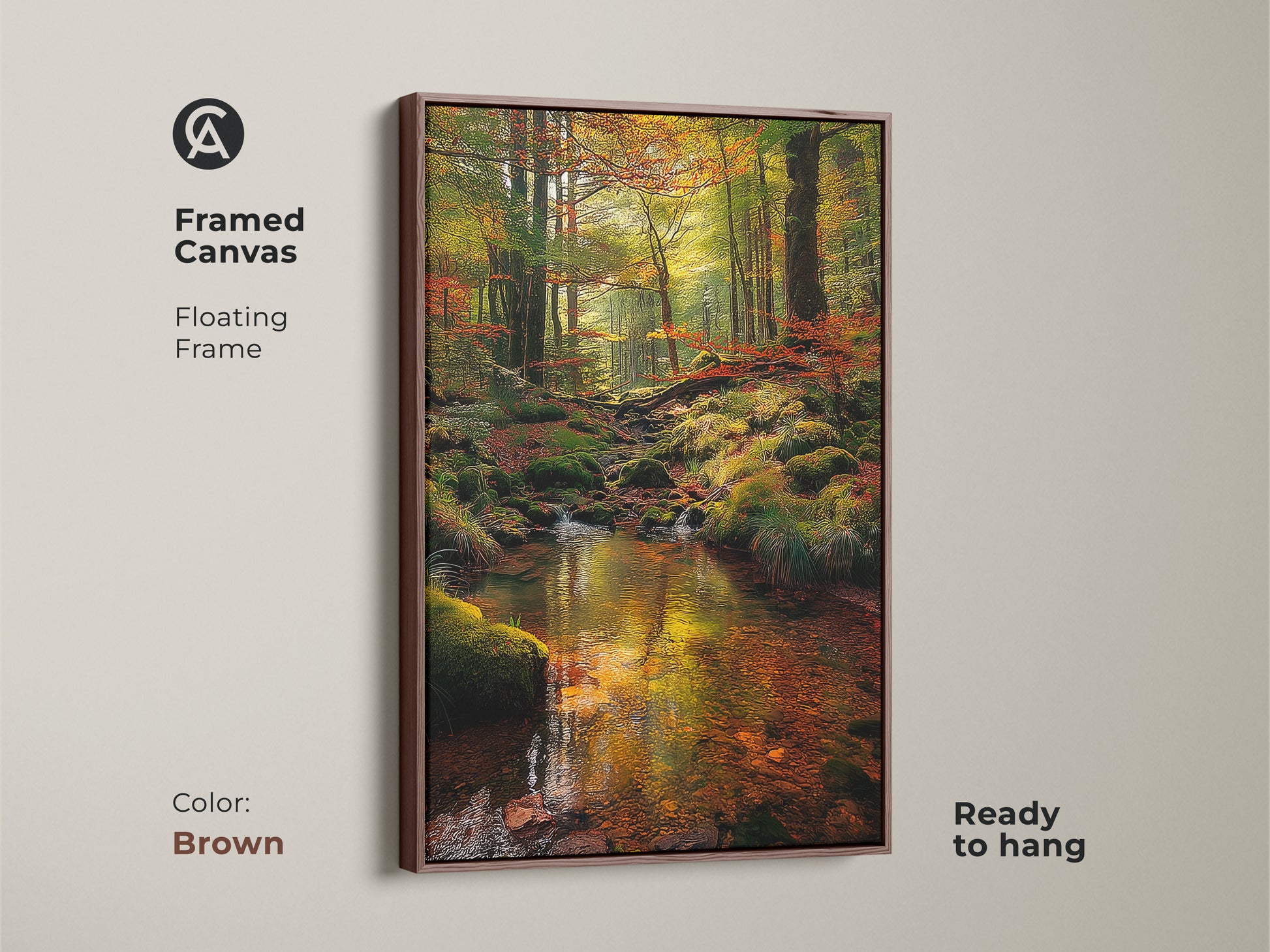 Elevate your space with this framed canvas art. The floating frame adds a touch of warmth. The tranquil forest stream reflects the vibrant autumn trees. This brown framed artwork is ready to hang and enjoy. Bring the beauty of nature into your home.