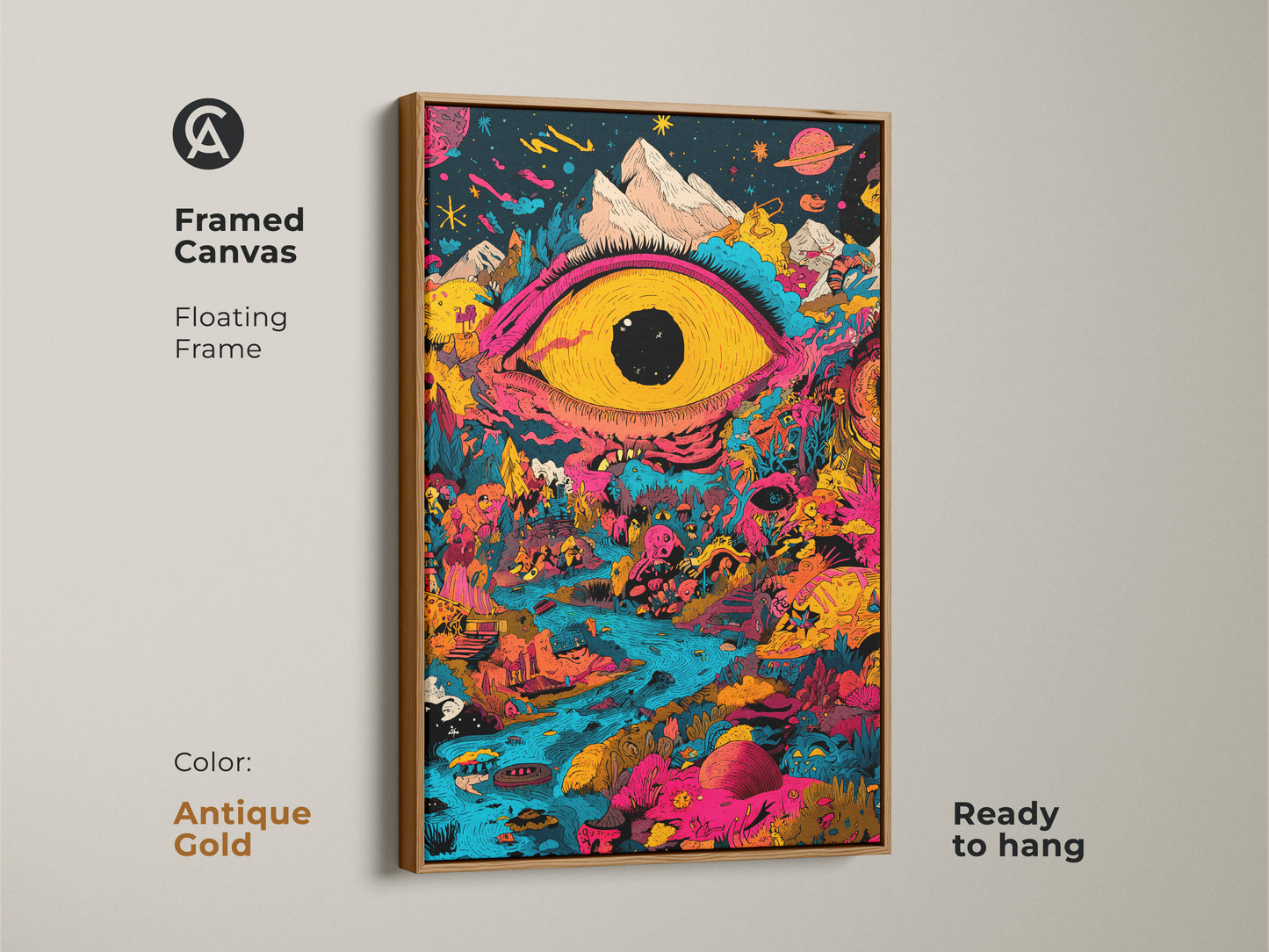 Make a statement with this framed canvas art featuring a surreal eye and vibrant landscape. The antique gold floating frame adds a touch of elegance. Ready to hang this artwork brings a unique blend of color and cosmic fantasy to your decor.