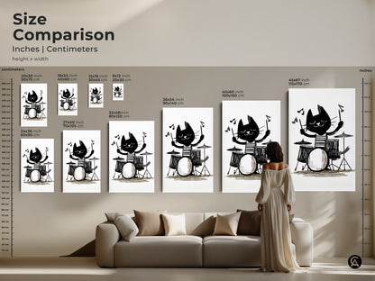 Size comparison of the cat playing drums artwork. Inches and centimeters size options. See how the artwork fits above a sofa and next to a person. Find the ideal size for your home decor.