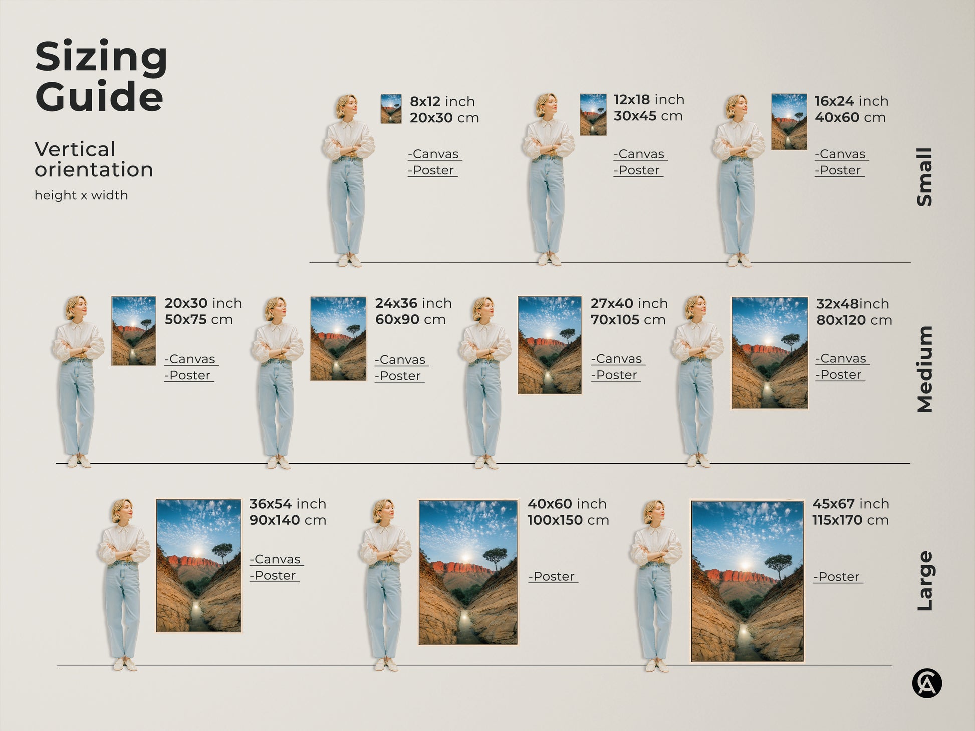 Find the perfect size for your Australian landscape photography print. This sizing guide helps you visualize canvas and poster options. From small 8x12 inch to large 45x67 inch prints this red rock desert canyon art will transform your space. Ideal for any room in your home.