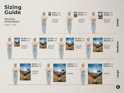 Find the perfect size for your Australian landscape photography print. This sizing guide helps you visualize canvas and poster options. From small 8x12 inch to large 45x67 inch prints this red rock desert canyon art will transform your space. Ideal for any room in your home.