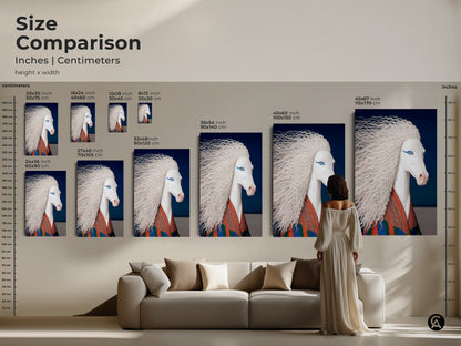 Size comparison of a surreal white horse art print in various dimensions. Perfect for displaying above a couch. This eclectic fantasy unicorn wall art features blue and orange accents. It's a captivating piece of eclectic home decor.
