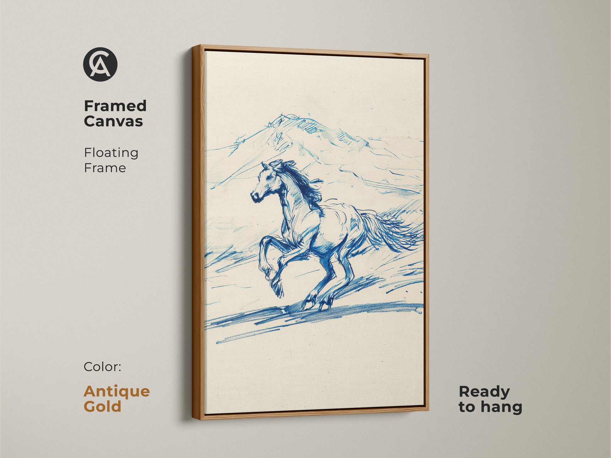 Framed canvas in antique gold featuring a blue animal sketch of a running horse. This equestrian sketch print is set within a floating frame adding to its rustic charm. Ready to hang this animal wall decor is perfect for country living room art.