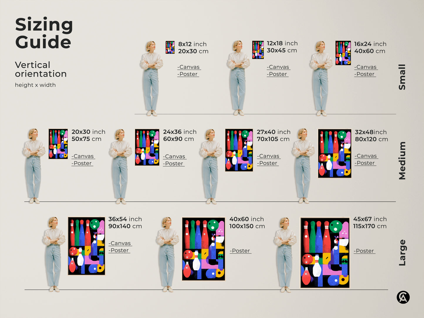 Sizing guide for vertical abstract geometric canvas and poster prints. Visualize the bowling-themed mid-century modern wall art in various sizes. Perfect for game rooms this sports canvas artwork adds an eclectic touch. Choose from small medium and large sizes to fit your residential or home bar decor needs.