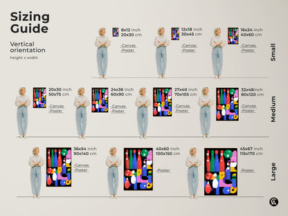 Sizing guide for vertical abstract geometric canvas and poster prints. Visualize the bowling-themed mid-century modern wall art in various sizes. Perfect for game rooms this sports canvas artwork adds an eclectic touch. Choose from small medium and large sizes to fit your residential or home bar decor needs.