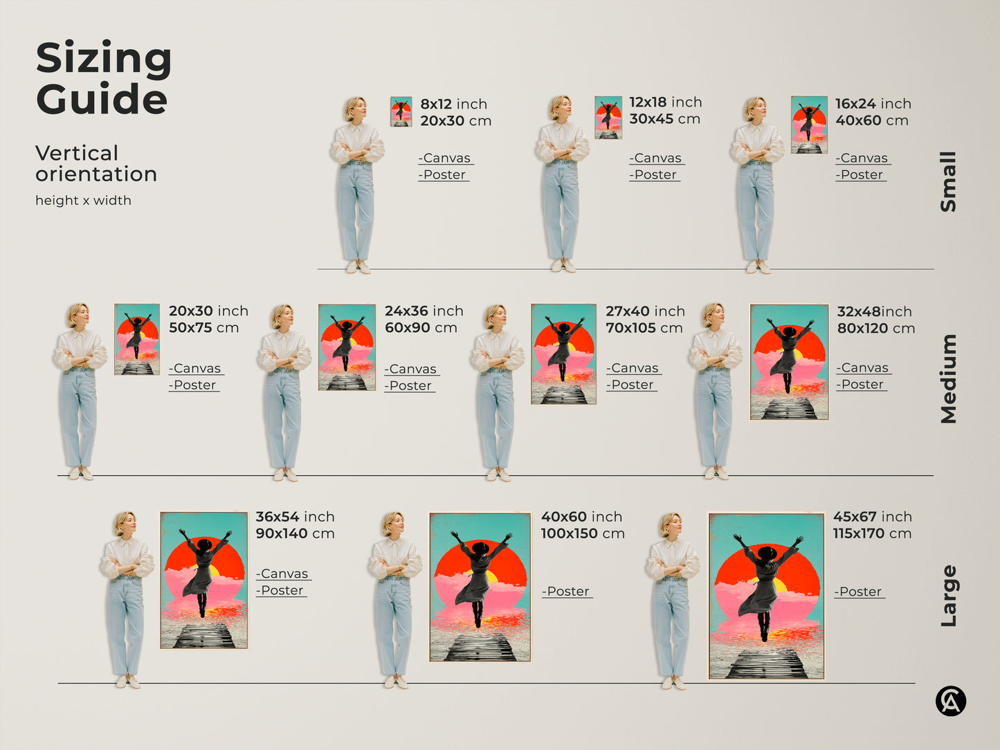 Sizing guide showing a retro collage art. Vertical orientation with a woman jumping on a pier toward a vibrant sunset. Multiple sizes from small to large are available as canvas or poster prints.