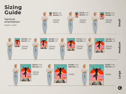 Sizing guide showing a retro collage art. Vertical orientation with a woman jumping on a pier toward a vibrant sunset. Multiple sizes from small to large are available as canvas or poster prints.