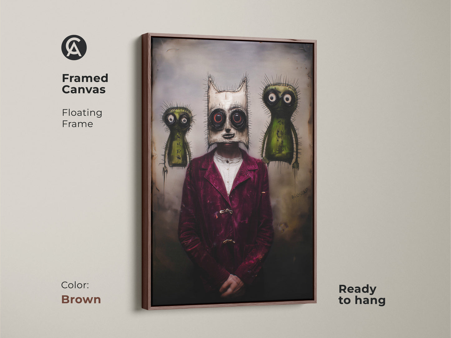 This framed canvas has a floating frame. It displays a surreal character in a gothic mask art print. Two creatures add to the macabre art style. The brown frame highlights the burgundy green artwork. It is a unique gift for him. This alternative wall hanging is ready to be displayed.