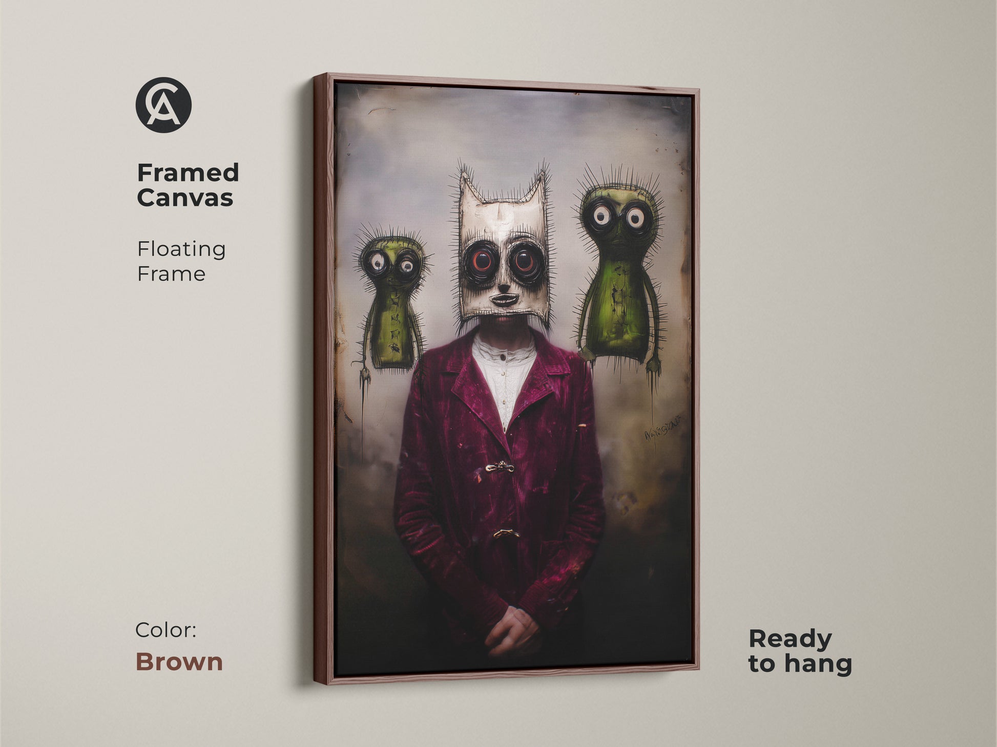This framed canvas has a floating frame. It displays a surreal character in a gothic mask art print. Two creatures add to the macabre art style. The brown frame highlights the burgundy green artwork. It is a unique gift for him. This alternative wall hanging is ready to be displayed.