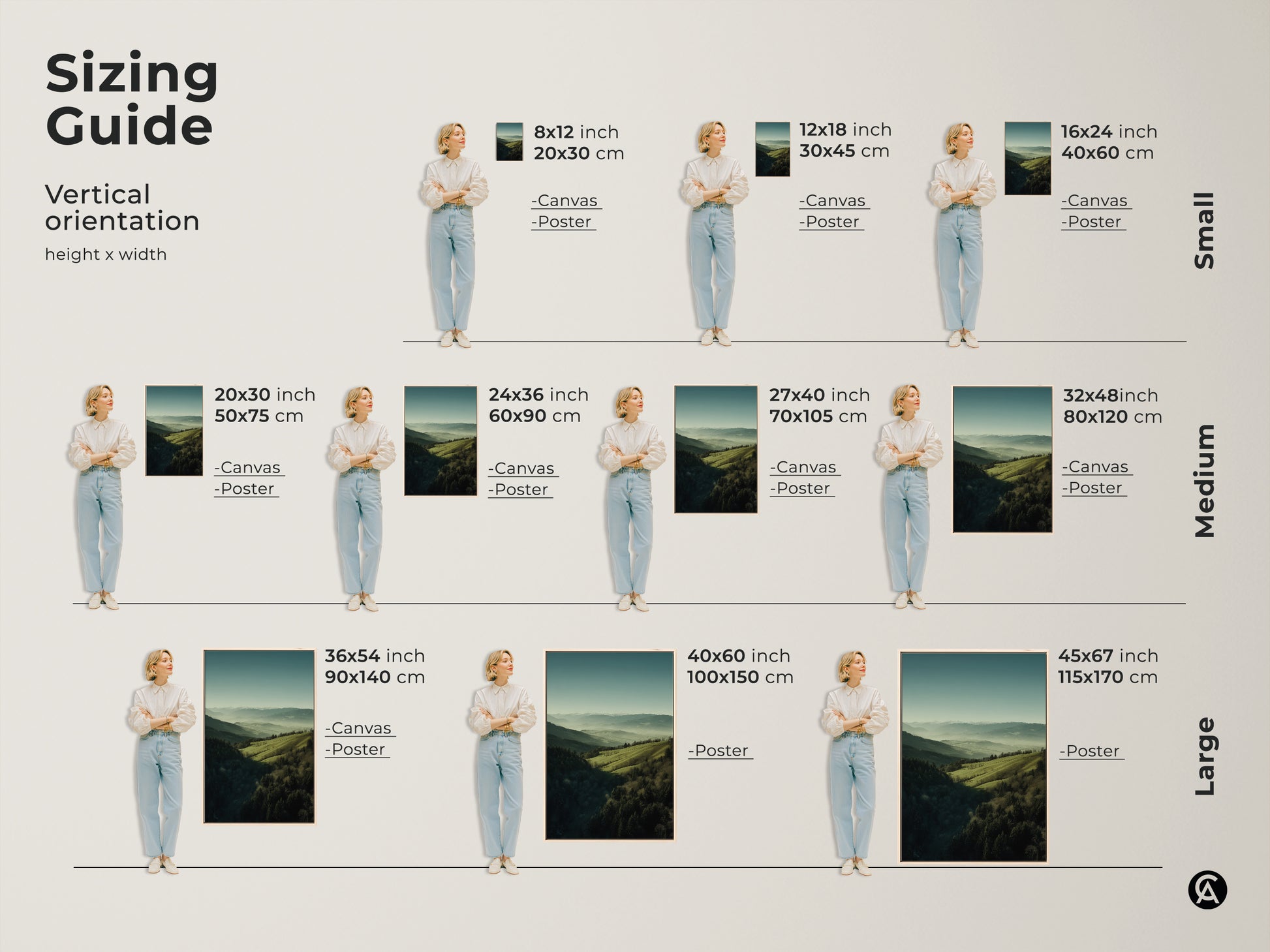 Sizing guide for vertical forest green and misty blue landscape artwork. Available as canvas or poster in small medium and large sizes. Transform your space with nature-inspired prints. Perfect for any room or as a thoughtful housewarming gift for outdoor enthusiasts.