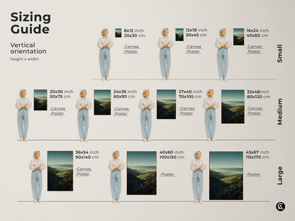 Sizing guide for vertical forest green and misty blue landscape artwork. Available as canvas or poster in small medium and large sizes. Transform your space with nature-inspired prints. Perfect for any room or as a thoughtful housewarming gift for outdoor enthusiasts.